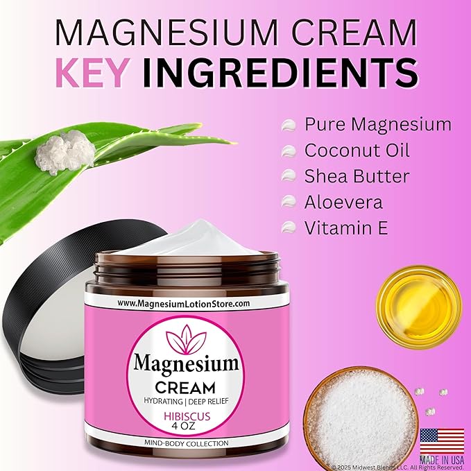 Magnesium Cream with Hibiscus Scent – Moisturizing & Floral Delight, 4 oz USA Made