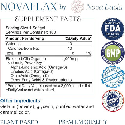 Natural Organic Flaxseed Oil 1,000 mg, Essential Omega 3 6 9 Natural ALA Healthy Hair Skin and Nails Gluten Free, Non-GMO, Hexane Free 100 Liquid Softgels