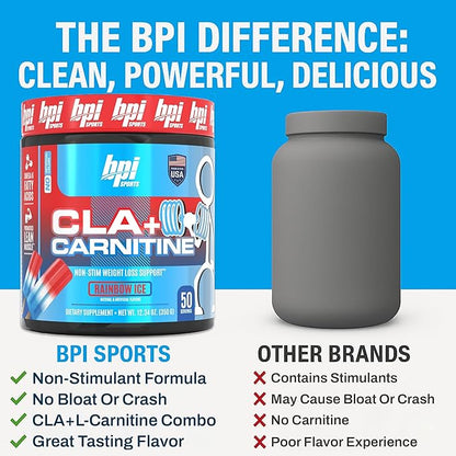 BPI Sports CLA + Carnitine – Conjugated Linoleic Acid – Performance, Lean Muscle – Caffeine Free – For Men & Women – Rainbow Ice – 50 servings – 12.34 Oz. (Packaging may vary)