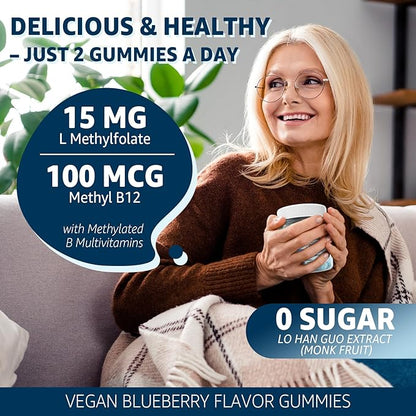 L-MethylFolate 15mg & Methyl B12 Gummies, Methylated B1, B2, B6 Multivitamins - Active 5-MTHF & High Absorption - Supports MTHFR Gene, Cognition, Homocysteine Levels, Folate Metabolism, Vegan, 60 Cts