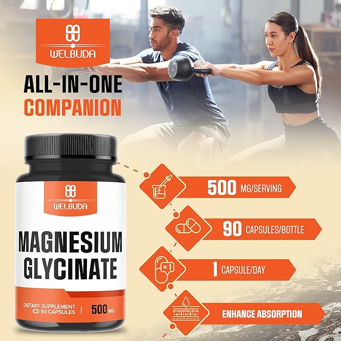 Magnesium Glycinate Supplement with 20% Purified - 500mg for Brain Health, Bone Health, Energy Production, Comfortable Mood & Muscle - 90 Capsules - Providing 100mg Elemental Magnesium