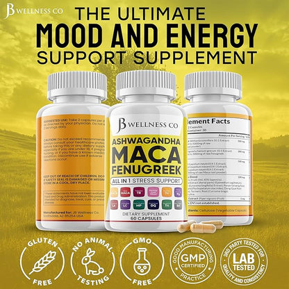 Ashwagandha Maca Root, Fenugreek Supplement with Tongkat Ali Ginseng - Assists with Mood & Thyroid Health - 60 Count