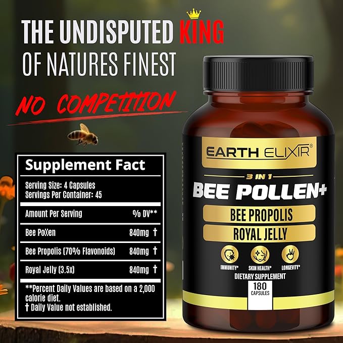 3-in-1 Bee Pollen Organic 840mg (180 Caps) W/ 840mg Bee Propolis Capsule & 840mg Royal Jelly Capsule - 3rd Party Tested - Bee Pollen Supplement - Organic Bee Pollen Capsule -No Fillers