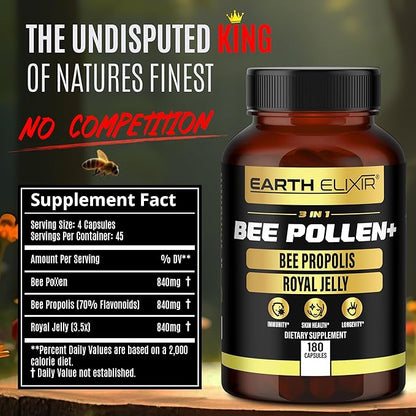 3-in-1 Bee Pollen Organic 840mg (180 Caps) W/ 840mg Bee Propolis Capsule & 840mg Royal Jelly Capsule - 3rd Party Tested - Bee Pollen Supplement - Organic Bee Pollen Capsule -No Fillers