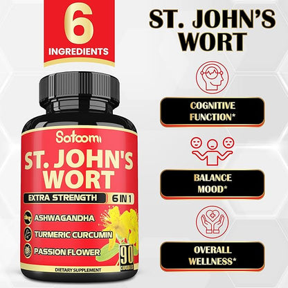 Satoomi St. John's Wort Capsules Extract Supplement - 6 Herbs Equivalent 5050 mg - Emotional Balance, Joyful Mood & Mood Support - 1 Pack 90 Veggie Caps 3-Month Supply