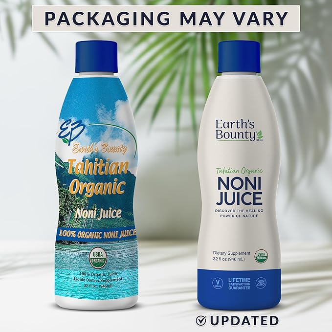 Earth's Bounty Tahitian Organic Noni Juice - 32 fl.oz - 100% Pure, Natural Immune & Joint Support - Organic, Kosher Noni Juice - No Additives