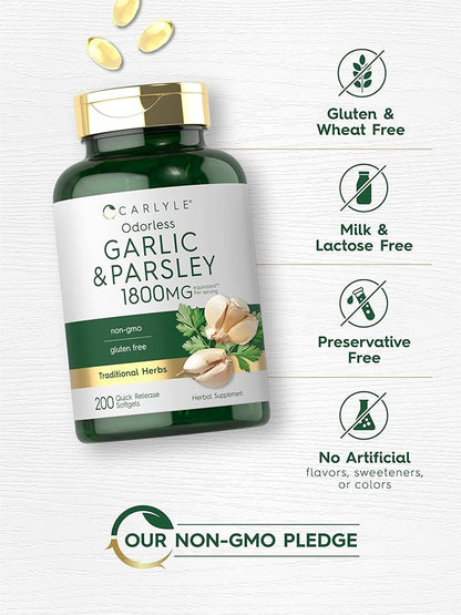 Carlyle Odorless Garlic & Parsley 1800mg | 200 Softgels | Non-GMO, Gluten Free Supplement
