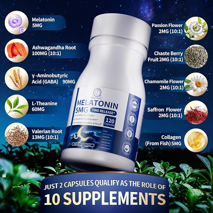 Melatonin 5mg Extended Release Supplements - Women Men Night Support, Relaxation & Immune - 10-in-1 Melatonin Capsules with Ashwagandha & GABA, Sugar Free, 120 Capsules, 60-Day Supply