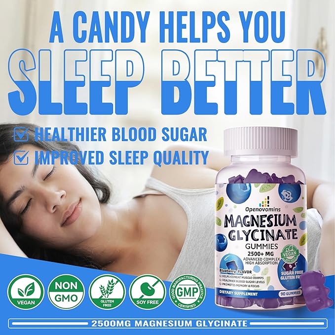 Magnesium Glycinate Gummies 2500mg - Sugar Free Magnesium Potassium Supplement with Vitamin D, B6, CoQ10 for Calm Mood & Sleep Support - 90 Blueberry Gummies