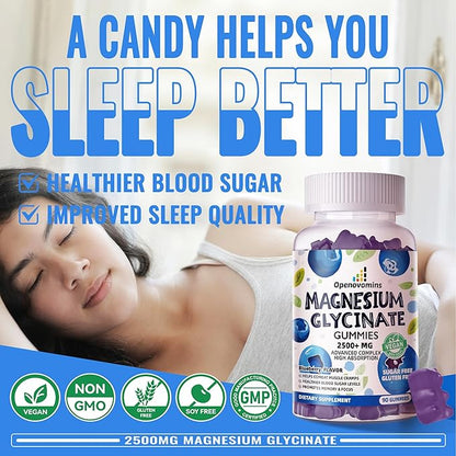 Magnesium Glycinate Gummies 2500mg - Sugar Free Magnesium Potassium Supplement with Vitamin D, B6, CoQ10 for Calm Mood & Sleep Support - 90 Blueberry Gummies