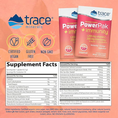 Trace Minerals | Power Pak Electrolyte + Immunity Boost Drink Packets | 1200 mg Vitamin C, Elderberry, Zinc, D3, B6, B12 | Immunity, Hydration, & Energy Support | Fizzy Grapefruit | 30 Packets