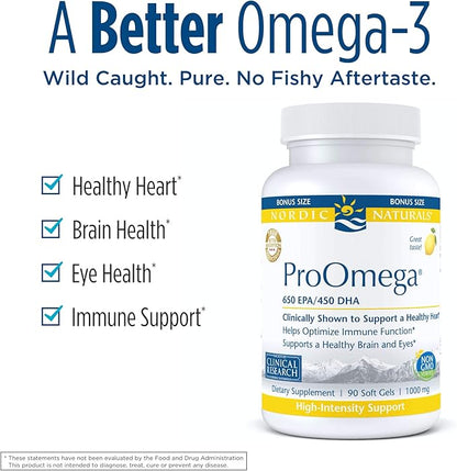 Nordic Naturals ProOmega, Lemon Flavor - 90 Soft Gels - 1280 mg Omega-3 - High-Potency Fish Oil with EPA & DHA - Promotes Brain, Eye, Heart, & Immune Health - Non-GMO - 45 Servings