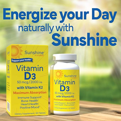 Vitamin D3 with Vitamin K2, D3 2000 IU with K2 100 mcg for Healthy Muscle Function, Bone Health and Immune Support, Vitamin D3 K2, 60 Tablets