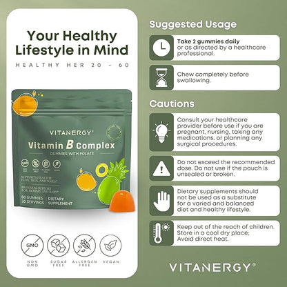 Tropical B Complex Gummies for Women – Sugar-Free, Vegan, Non-GMO – 7 B Vitamins + Iron, Energy & Immune Support – Portable Pouch, Made in USA, 60 Count