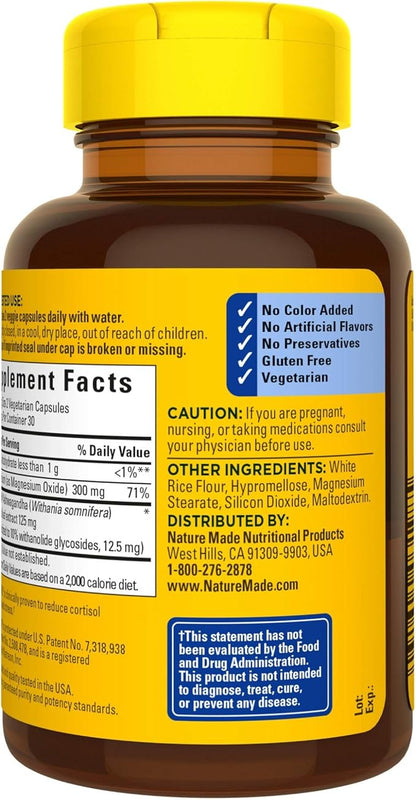 Nature Made Calm & Relax with 300mg Magnesium and 125mg Ashwagandha for Stress Relief, 60 Veggie Capsules