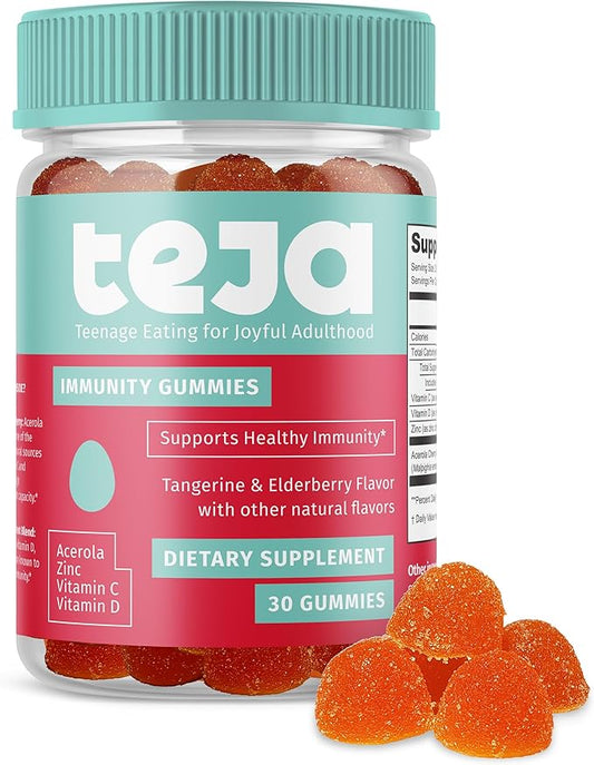 TEJA Immune Support Gummies for Teens with Vitamin D, VIT C, Zinc, and Acerola. Low Sugar Supplement, Daily Immunity Multivitamin for Age 12-17 Teenagers to Adults. 30 Gummies