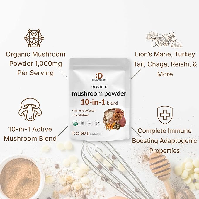 DEAL SUPPLEMENT Organic Mushroom Powder Supplement, 12oz – 10 in 1 Active Blend – Shiitake, Lions Mane, Cordyceps, Chaga, with More –Supports Immune, Energy, & Brain Health – Non-GMO, Vegan