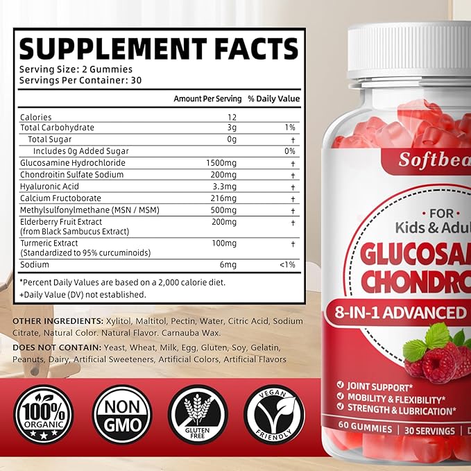 softbear Glucosamine Chondroitin Gummies Sugar Free, Extra Strength Glucosamine Chondroitin Supplement for Natural Joint Support, Raspberry Flavored 120 Count