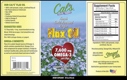 Cal's Flax Oil, Cold Pressed Flax seed, High in Omega 3 Fatty Acid, Unrefined Flax Seed Oil, Pure Flax Seed Oil Liquid Supplement for Joint, Skin, and Heart Health Support - 32 oz