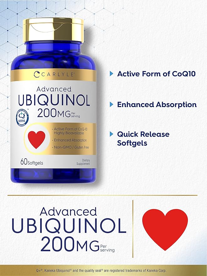 Carlyle Ubiquinol 200mg | 60 Softgels | CoQ10 Supplement | Highly Bioavailable | Non-GMO, Gluten Free