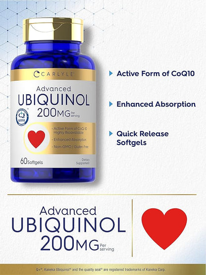 Carlyle Ubiquinol 200mg | 60 Softgels | CoQ10 Supplement | Highly Bioavailable | Non-GMO, Gluten Free