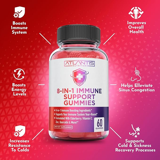Atlantis Nutrition 8-in-1 Immune Support Gummies with Elderberry | Immune Supplement with Elderberry, Quercetin, Zinc, Vitamin C - Immunity Boosters for Adults & Kids - Delicious Flavor - 60 Count