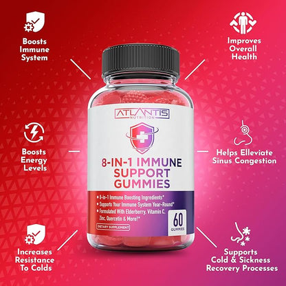 Atlantis Nutrition 8-in-1 Immune Support Gummies with Elderberry | Immune Supplement with Elderberry, Quercetin, Zinc, Vitamin C - Immunity Boosters for Adults & Kids - Delicious Flavor - 60 Count
