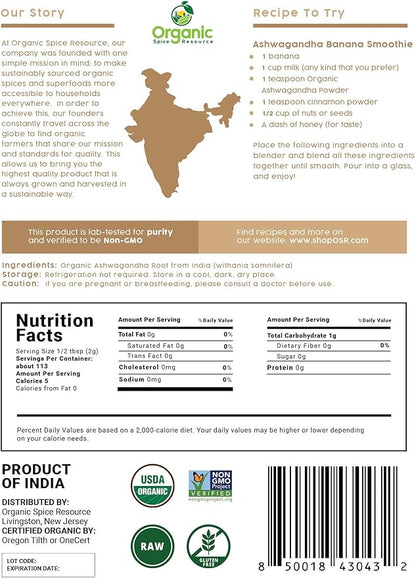 Organic Ashwagandha Root Powder -8 Ounce | Lab Tested for Purity | Resealable Kraft Bag,Non-GMO, Indian Ginseng, Withania Somnifera -100% Raw from India, by SHOPOSR (8 oz)