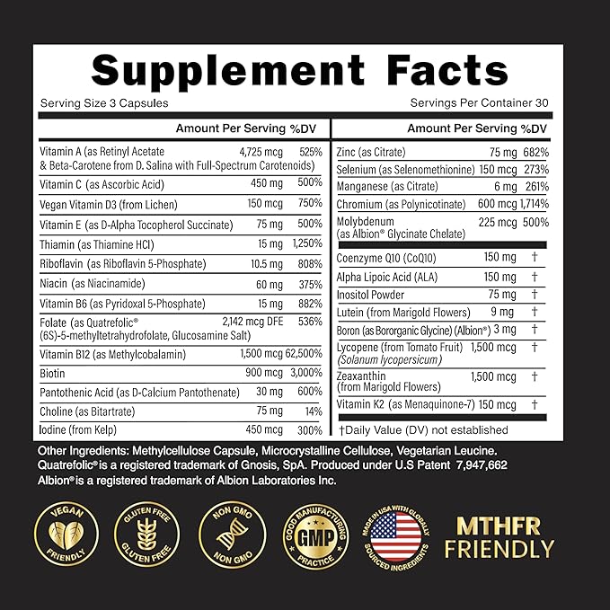 Eliixr Methylated Multivitamin Supplement for Men and Women with Active Methyl B12 and 5-MTHF Methylfolate 90 Vegetable Capsules Iron Free Made in The USA