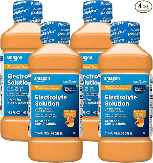 Amazon Basic Care Electrolyte Solution, Mixed Fruit, Designed to Prevent Dehydration, Replaces Electrolytes, Fluid and Zinc, 33.8 fl oz (Pack of 4)