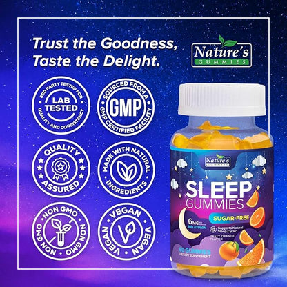 Sleep Gummies for Adults 6mg - Sugar Free Extra Strength Melatonin Gummy, Natural Sleeping Gummy for Adults, Kids, Orange Flavored, Vegan, Non-GMO, Sleep Vitamin Support Supplement - 60 Gummies