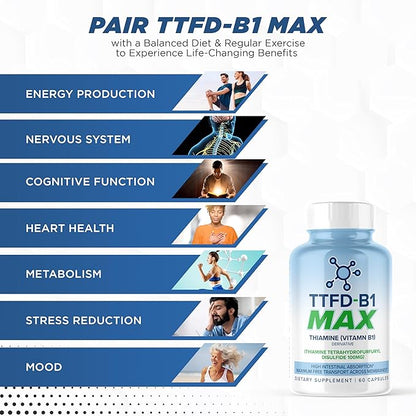 TTFD Thiamine B1 Supplement 60Capsules Made in USA- Thiamine TTFD Vitamin B1 MAX, High-Potency Supplement for Energy & Focus, Supports Healthy Nerve Function & Overall Wellness by MaxLife Naturals