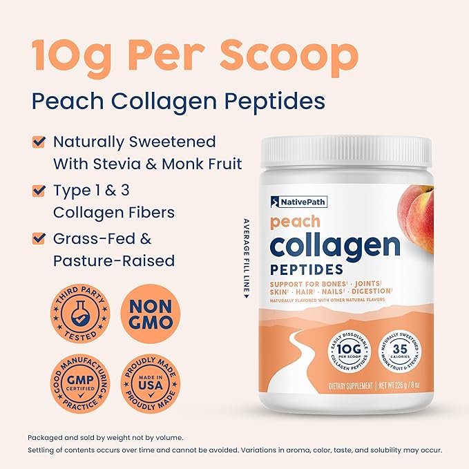 NativePath Collagen Peptides - Hydrolyzed Type 1 & 3 Collagen. Keto & Paleo Grass-Fed Protein Powder for Hair, Skin, Nails, Bones, Joints, Digestion and More - No Gluten or Dairy (Peach, 226g)