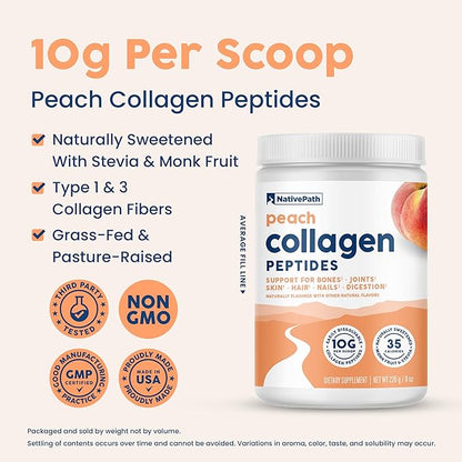 NativePath Collagen Peptides - Hydrolyzed Type 1 & 3 Collagen. Keto & Paleo Grass-Fed Protein Powder for Hair, Skin, Nails, Bones, Joints, Digestion and More - No Gluten or Dairy (Peach, 226g)