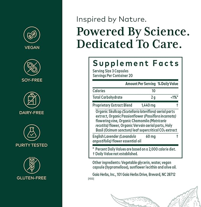 Gaia Herbs Pro Calm Restore - Nervous System Support Supplement* - Calm Support Supplement* with Skullcap Chamomile Holy Basil & Lavender - 60 Liquid Phyto-Caps (20 Servings)