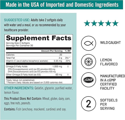 NatureWise Extra-Strength Omega 3 Fish Oil Supplement - 1000mg per Serving - 600 EPA & 400 DHA and Vitamin E - Support for Heart & Brain Health - Lemon Flavor, GMO-Free - 60 Softgels[1-Month Supply]