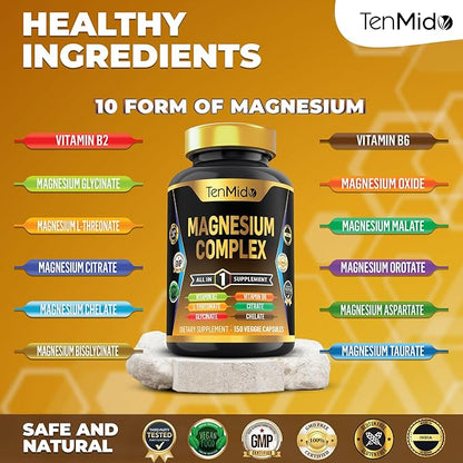 Magnesium Complex Supplement - Combine 10 Types of Magnesium: Glycinate, L-Threonate, Citrate, Chelate, Bisglycinate, Oxide, Malate, Orotate, Aspartate, Taurate - 150 Capsules for 5 Months