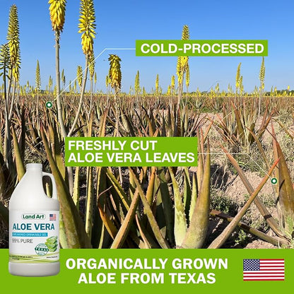 Land Art Pure Aloe Vera Drinkable Gel Unflavored - Cold-Processed Inner Filet - from Organic Fresh Leaves from Texas - for Heartburn Relief - Acid Reflux - 64 fl oz