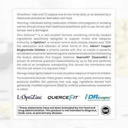 Zinc Defense | Zinc + Copper + Quercetin | 60 Servings in Vegan Capsules | L-OptiZinc & Quercefit Ionophore | Chelated Minerals | Immune, Gut, & Hormonal Balance Support