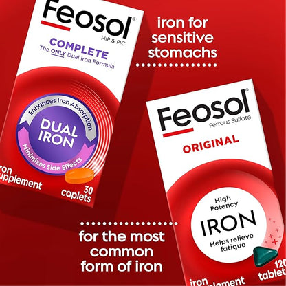 Feosol Complete Iron Supplement Caplets, Bifera Iron for High Absorption, Heme and Non-Heme Dual Action Minimizes Side Effects, 1 Per Day, for Energy and Immune System Support, Made in USA, 30 Count
