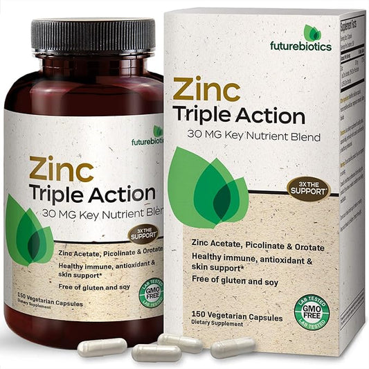 Futurebiotics Zinc Triple Action 30mg Key Nutrient Blend Immune Support Supplement with Zinc Acetate, Picolinate & Orotate - Immune, Antioxidant & Skin Health Support - 150 Vegetarian Capsules