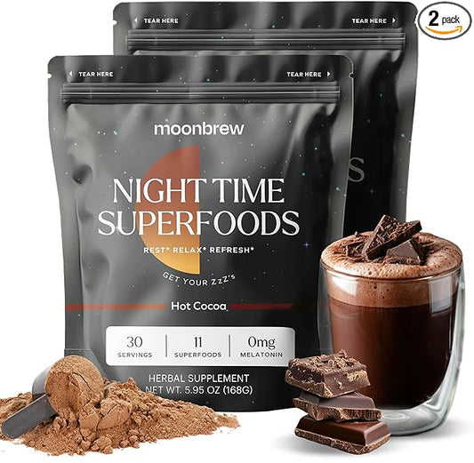 MoonBrew Nighttime Magnesium Hot Cocoa, Natural Sleep Aid Drink Mix for Adults - Calming Melatonin-Free Sleep Support - Sleepy Hot Chocolate Powder with L-Theanine, Chamomile & Zinc Glycinate - 2-Pack