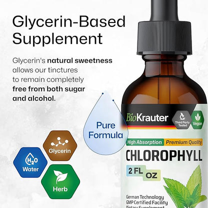 BIO KRAUTER Liquid Chlorophyll Drops - Cleanse & Immune Support - Internal Deodorant - Sodium Copper Chlorophyllin Extract Supplement - 2 fl oz