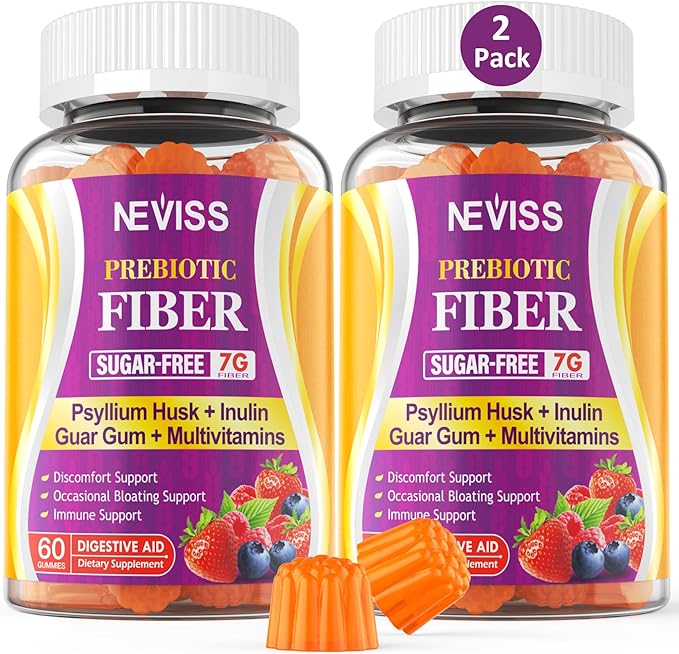 NEVISS Psyllium Husk Prebiotic Fiber Gummies - 7G Fiber with 2000mg Prebiotic Fiber Blend & Multivitamins - Inulin, Fos, Guar Gum & Multi Digestive Enzymes Vitamin Gummies Chewable