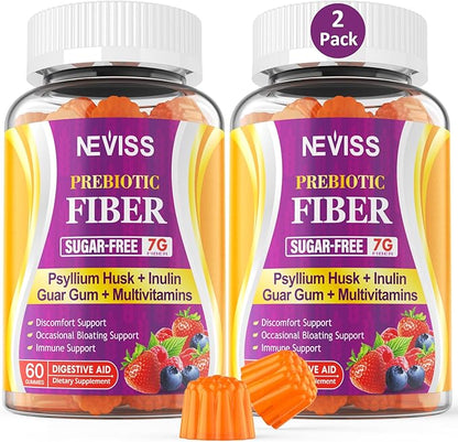 NEVISS Psyllium Husk Prebiotic Fiber Gummies - 7G Fiber with 2000mg Prebiotic Fiber Blend & Multivitamins - Inulin, Fos, Guar Gum & Multi Digestive Enzymes Vitamin Gummies Chewable