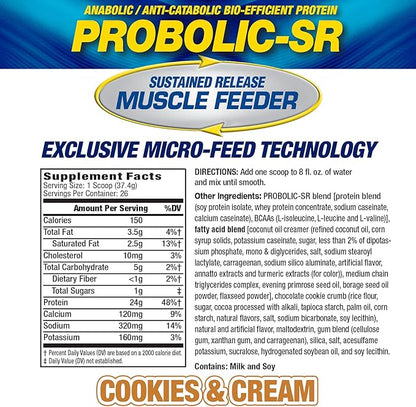Maximum Human Performance Probolic-SR Sustained Release Protein Powder, 24g Protein, BCAAs, Glutamine, Arginine, Pre-Workout, Post-Workout, Nighttime Protein, 2lbs, 26 Servings, Cookies & Cream