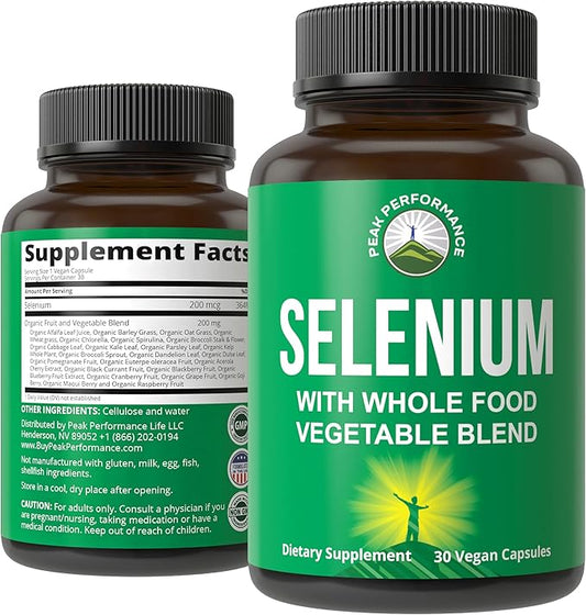 Selenium Supplement with Whole Food Blend of 25+ Vegetables and Fruits for Max Absorption. Pure Selenium Vegan Capsules for Immune System, Thyroid Support, Heart Health, Prostate Support. 30 Pills