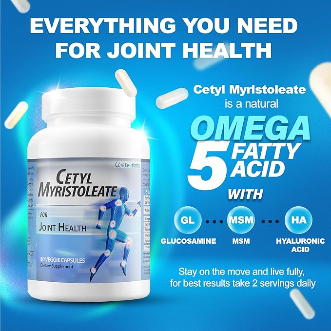 Cetyl Myristoleate - Omega 5 Fatty Acid - Ultra Support for Relief from Joint Discomfort and Stiffness - Also Includes Glucosamine, MSM & Hyaluronic Acid - 80 Capsules