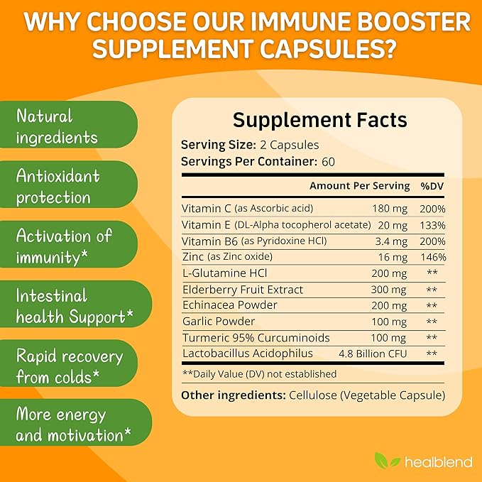 10 in 1 Immune Support Supplement Booster with Elderberry, Zinc, Echinacea, Turmeric, Lactobacillus Acidophilus, for Adults [120 Capsules]