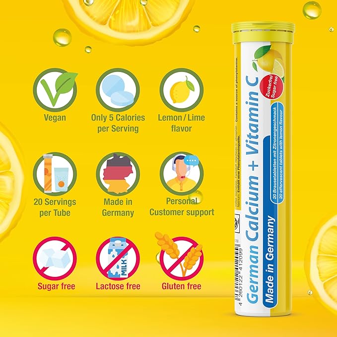 German Calcium + VIT. C - 100 Vegan Drink Effervescent Tablets - Lemon Lime Flavor - Made in Germany